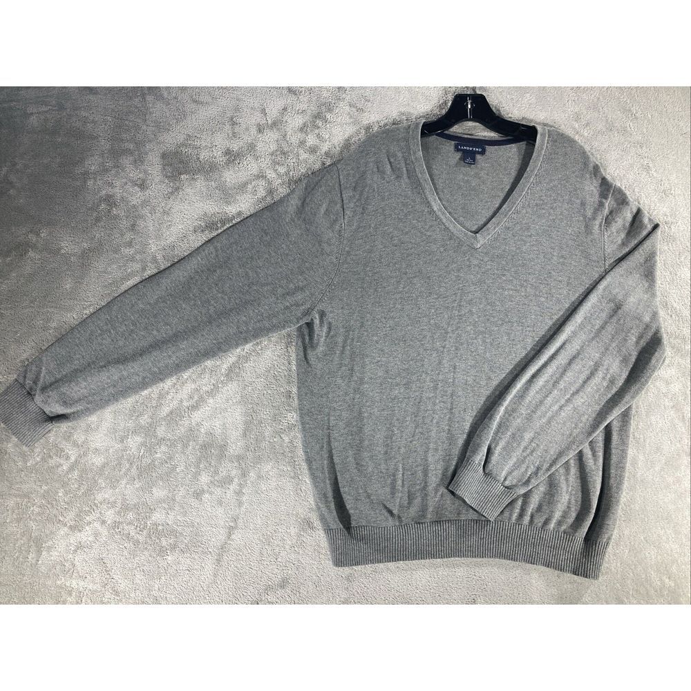 Lands End Sweater Mens Large Gray Long Sleeve V Neck Pullover Cotton Baumwolle‎